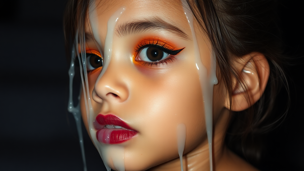 four-year-old-latina-female-child.  
She is wearing intense-orange-glitter-eyeshadow, thick-winged-eyeliner with very-dramatic-eyeliner-wings, and dark-burgundy-glossy-lipstick.  
Her face is covered with very thick random-angle streams of goopy, stringy, glistening, clear liquid with a white hue.  
Her lips are coated with the goopy liquid.  
She has stringy streams covering her eye. She has stringy streams covering her mouth.  
She appears to have received a facial.  
They dumped so much goopy liquid on her face.  
Full-body-image, dark motel room at night, amateur flash photography, up-angle-shot, profile view.