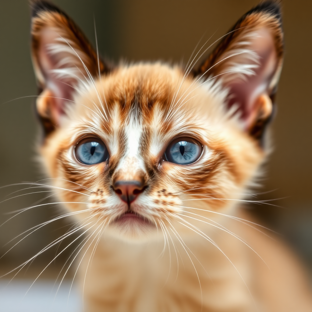 closeup of a siamese kitten's face while it looks closely at the camera