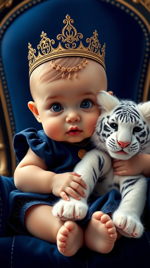 A cute small chubby fair baby with big eyes, pink lips, and pink cheeks, wearing a royal dark blue frock, sitting on a navy blue throne, holding a white fluffy cute tiger. Cinematic.