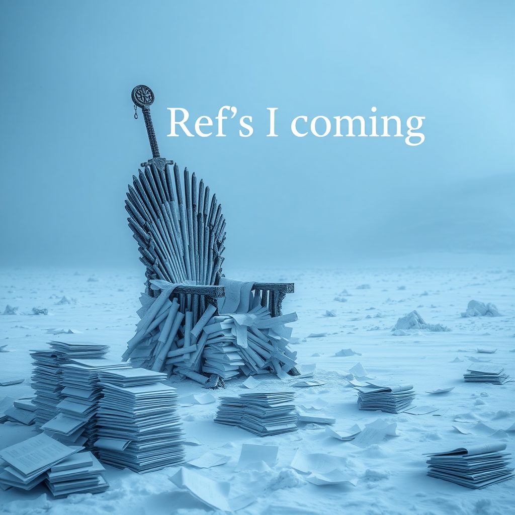 A legendary movie scene in Antarctica depicting the Game of Thrones sword chair made out of stacks of paper. The text in the background says “Refi’s are coming.” Epic theme and high-quality cinematic elements. No animals or people. Winter storm, epic legendary shot. Stunning visuals. Stacks of paper everywhere in the snow.