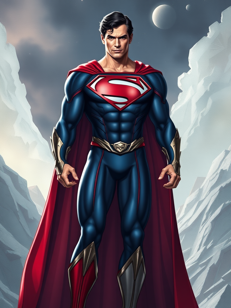 Create a full-length image of a character inspired by Superman with the body type of Emma Frost. Retain Superman’s head but modify the body to reflect Emma’s physique, incorporating her elegant features. Add embellishments or elements from Emma Frost's costume to enhance the design. The background should blend elements from the Superman universe and Emma Frost's world, creating a harmonious setting that complements both characters. Aim for a dynamic and visually appealing composition that showcases the unique traits of both characters while maintaining their recognizable features.