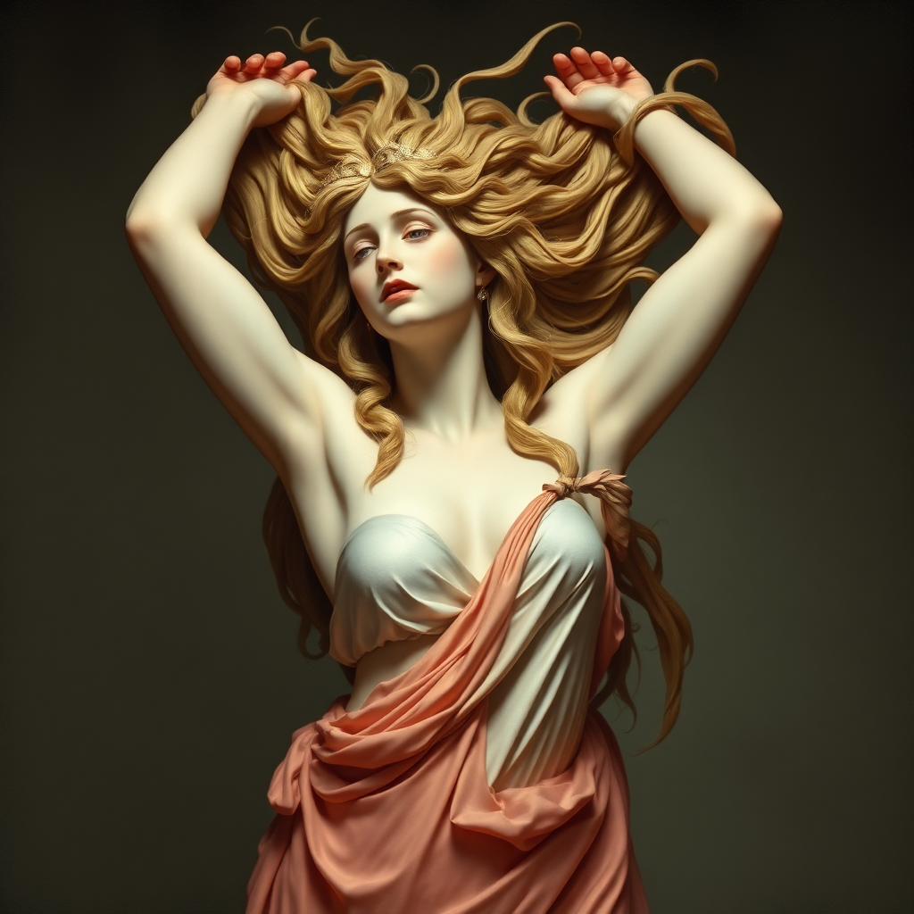 The Goddess Venus with her arms up and her hands plunging into her thick hair. She wears a tiny silken toga.