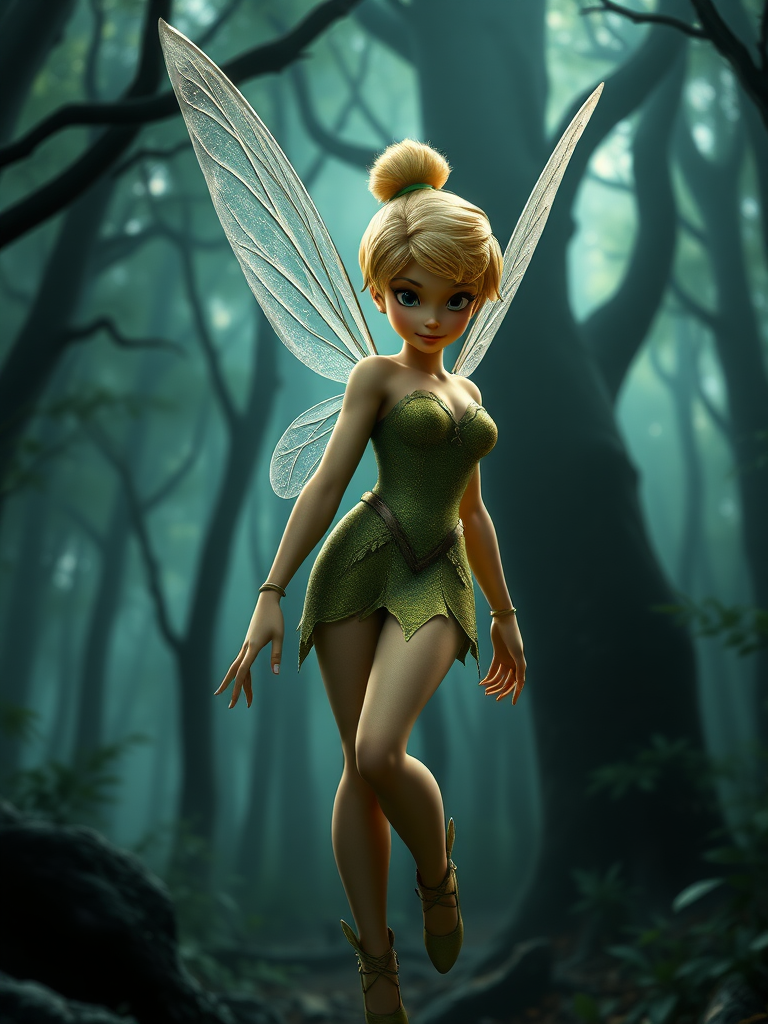 Create a hyper-realistic full-length render of Tinkerbell with the body type of Leon Kennedy from Resident Evil, ensuring the head remains intact. The silhouette and body structure should reflect Leon's muscular build while maintaining Tinkerbell's essence. Place her in an environment that harmonizes elements from both characters, such as a mystical forest that features dark, atmospheric undertones reminiscent of the Resident Evil series. Emphasize details like lighting, texture, and features to bring the blend of fantasy and realism to life, making sure both characters' themes are accurately represented within the setting.