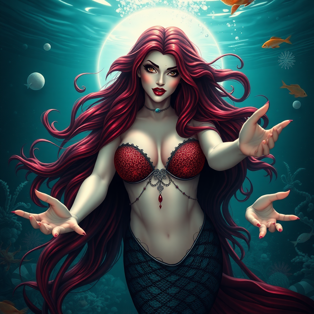 Vampirella as a mermaid underwater amazing loose flowing hair floating in a nimbus around her beautiful face her arms outstretched towards the viewer and she's looking down into the viewer's eyes making intense eye contact. loose fitting diaphanous. Burlesque. Stunning undersea life details plants and fish and other creatures of the sea. 3d graphics