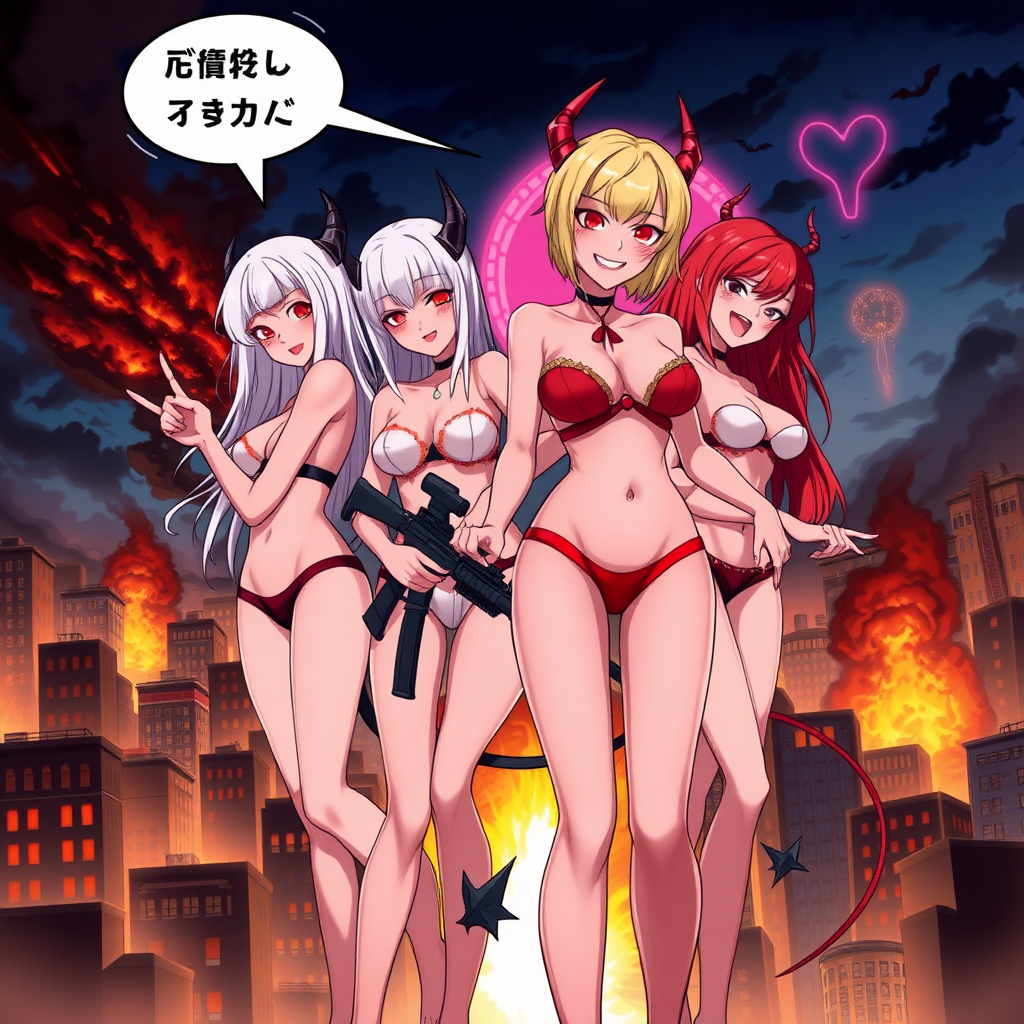 Anime, city on fire background, 4 mischievous tall-slender demon women, short blond hair, wearing sexy-micro bikini-bra-like clothing, micro g-string bikini, Womb tattoo on belly, mischievous wicked smile, large breasts, full body, long legs, looking at viewer, speech bubble with a burning city, holding rifle, a building crumbling and exploding, 1 women has long-white hair with 2 middle fingers, a pink vagina-shaped portal opened afar, 2nd women has long-crimson hair and is wearing nothing but red-gem tit coverings