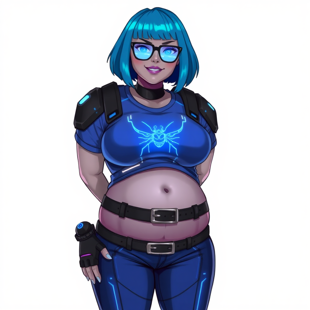 A 28-year-old, full-figured, middle gray skinned computer program hybrid with a maximum blue bob cut. She has a non-athletic build, highlighted by a prominent, round, large midsection (with emphasis on her belly), which shows the aftermath of her pampering. As the heavily pampered digital sidekick to her cyberpunk vigilante boyfriend, her middle gray metallic skin and maximum blue lipstick emphasize her digital nature. She wears a digital, computerized costume consisting of a huge, tight-fitting, maximum blue t-shirt with a neon blue glowing chest icon of a beetle, hi-tech shoulder pads with neon blue accents, a black hi-tech belt with a digital neon blue glowing buckle, digital maximum blue biker pants with neon blue accents, and black hi-tech fingerless biker gloves with neon blue glowing accents. Her neon blue glowing eyes, black eyeglasses with a neon blue glowing HUD built in its lenses, and shy smile with neon red blush accentuate her nerdiness. She stands bashfully with her hands behind her back, her costume covering all her skin and emphasizing her full-figured physique (especially her belly). She is clearly non-athletic, with a focus on her full-figured physique. Despite her build, she radiates beauty. She has a slim face compared to her physique, accentuating her radiant beauty. She is on a solid white background. She is drawn as if she was in a retro 2D cyberpunk fighting game.