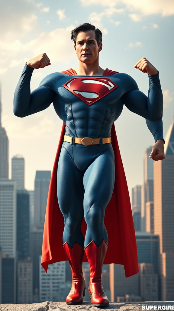 Create a full-length photorealistic image of Superman, featuring the musculature of Elastigirl, while preserving his head, hairstyle, and facial features intact. Retain the original Superman costume, enhancing it with embellishments that accommodate the new proportions. Design a background inspired by both characters, blending elements of Superman's iconic cityscape with the vibrant, playful aesthetic of Elastigirl's world. The overall scene should showcase a dynamic pose that emphasizes strength and flexibility, capturing the essence of both superheroes in a cohesive and imaginative setting.