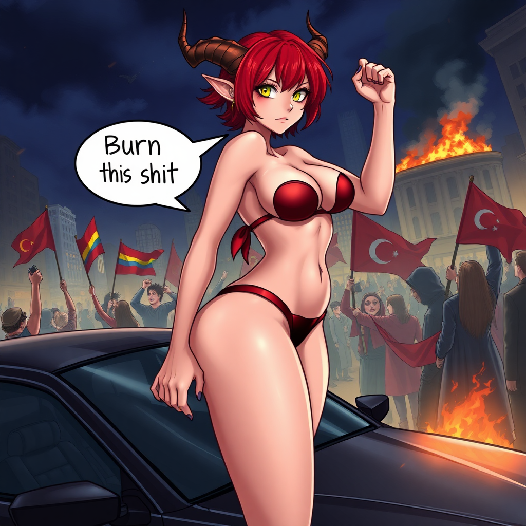 A anime drawing: A seductive hypersexual succubus woman, wicked smirk, speech bubble "Burn this shit down", short red hair, mega-colossal huge massive boobs/tits/breasts that can barely fit in a bikini her right-hand into/inside her thong to her vagina, standing on the hood of a car, horns, yellow eyes, sexy waist, full body, a city on night being overtaken by rioters with red-flags/LGBQT flags/and Raised Fist Flags, Molotov cocktails, there is another blond succubus girl there standing backside with her fist raised up with a building on fire.