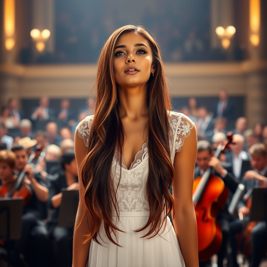 a young woman singing. a large orchestra in background. she stands in the middle of the stage. long brunette hair with highlights falling to her shoulders, bright blue eyes. suntanned skin. small lips colored pale rose. wearing an elegant long white dress with transparent lace and white pumps. fine neglace. photo from some distance.