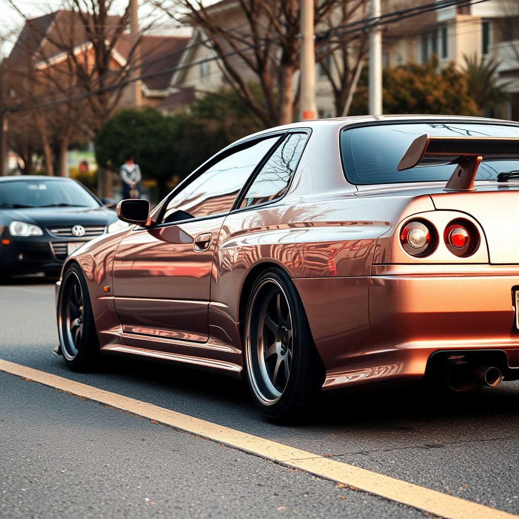 the car is parked on the side of the road, inspired by Taiyō Matsumoto, tumblr, restomod, nd4, c4 metallic shine nissan skyline r34