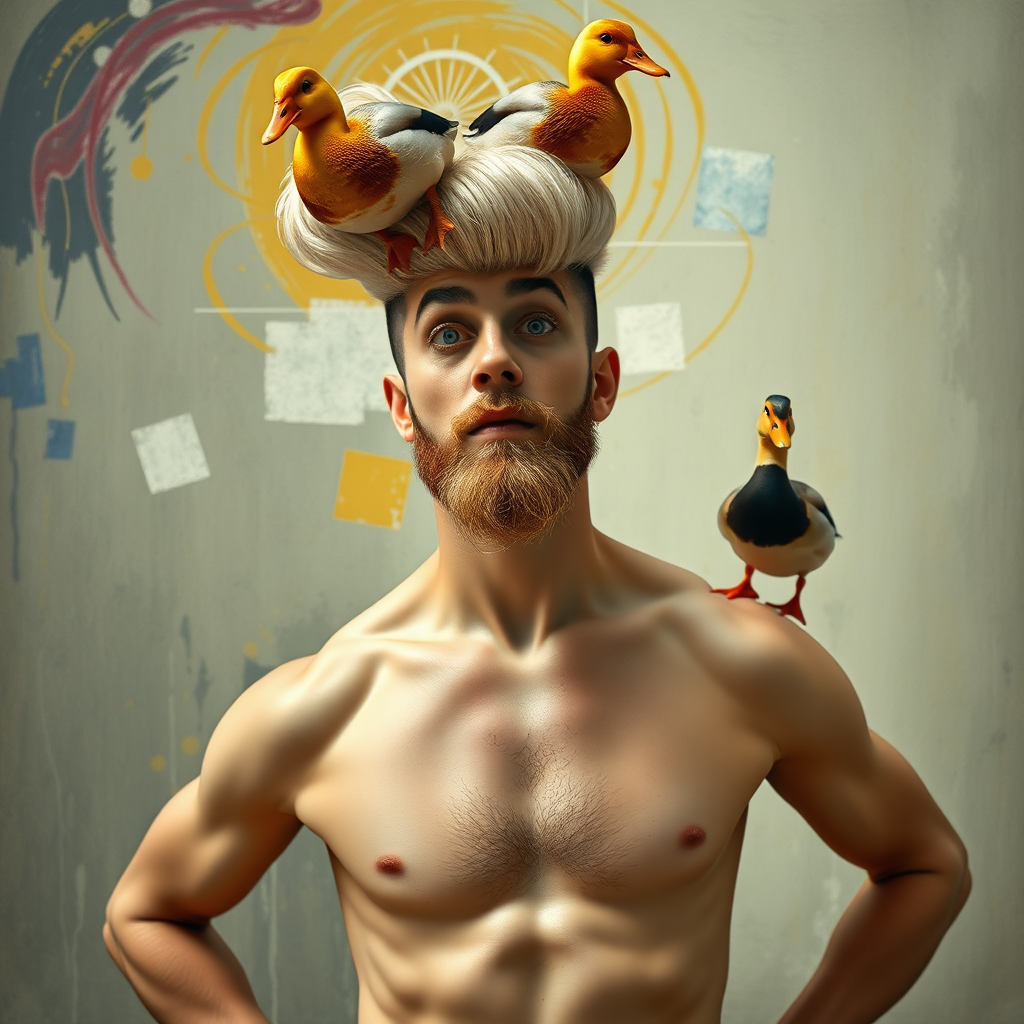 The background is a painting by Kandinsky. A 4K hyper-realistic photograph in the style of Kandinsky, blending surrealism with kitsch. The subject is a man with an extravagant, Italian blond haircut, styled in a flamboyant bun, paired with a sexy, Masculine look. He sports a neatly groomed, three-day beard — short, evenly distributed, with a light shadow effect across the chin, jawline, and cheeks. His makeup is dramatic, like a drag queen, adding to the boldness of his appearance. He has a muscular, athletic build. He’s naked, standing confidently with his hands on his hips. Above him, smaller ducks rest playfully on his head.