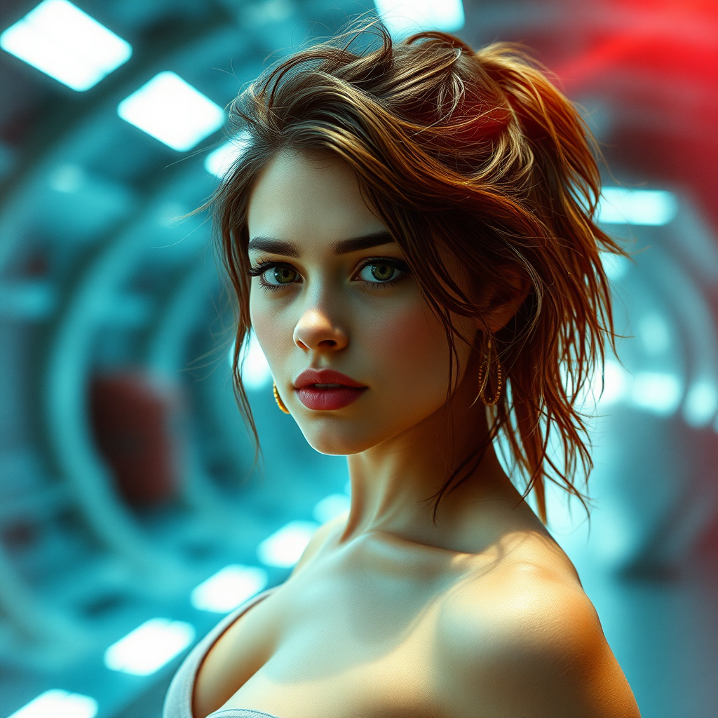 A full body portrait of a girl like Ana de Armas, messy hair, athletic, barely dressed, science fiction setting. Hyperrealistic, film grain, lens flare.