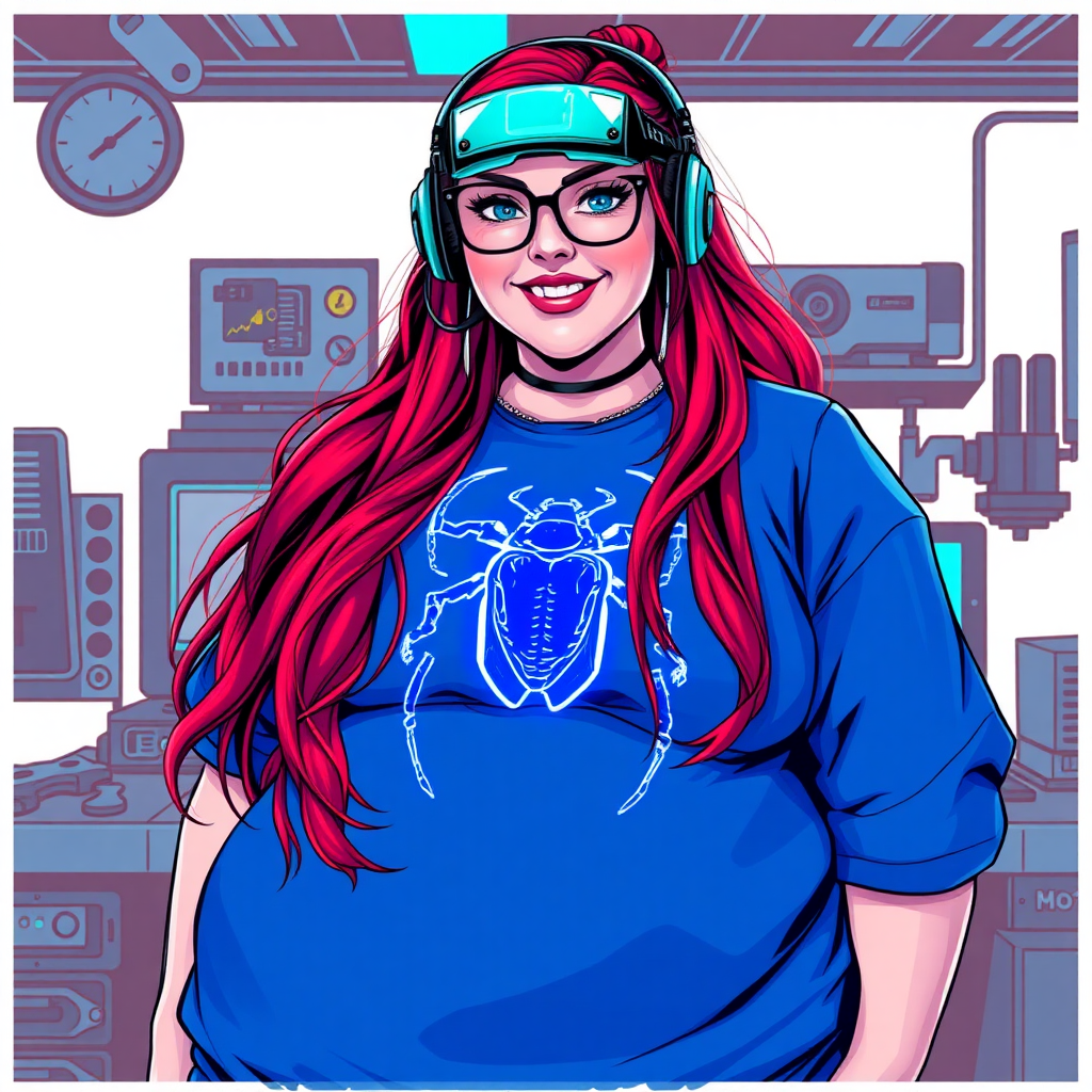 A cyberpunk vigilante’s full-figured intelligent and tech-savvy 29-year-old girlfriend, who is a computer hacker and tech genius. She has a long ruby red ponytail and bright blue eyes. She wears a sapphire beetle gemstone necklace, and an oversized maximum blue t-shirt featuring a giant neon blue glowing icon of a beetle on its chest. She has a full-figured physique with a prominent, gargantuan, round midsection, reflecting her well-cared-for lifestyle. The midsection is heavily emphasized. She sports a sapphire headset with hi-tech maximum turquoise lensed HUD visor, black eyeglasses, and a beaming smile with a passionate bright red blush. Despite her figure and a lack of self-esteem, she radiates an air of beauty. She has a slim face which contributes to her radiant beauty. She serves as his tech expert from his hideout, dutifully working at her workshop with a computer desk and tool bench. The background is solid white. She is drawn as if she was in a retro 2D cyberpunk fighting game. Make sure her shirt covers her round midsection.