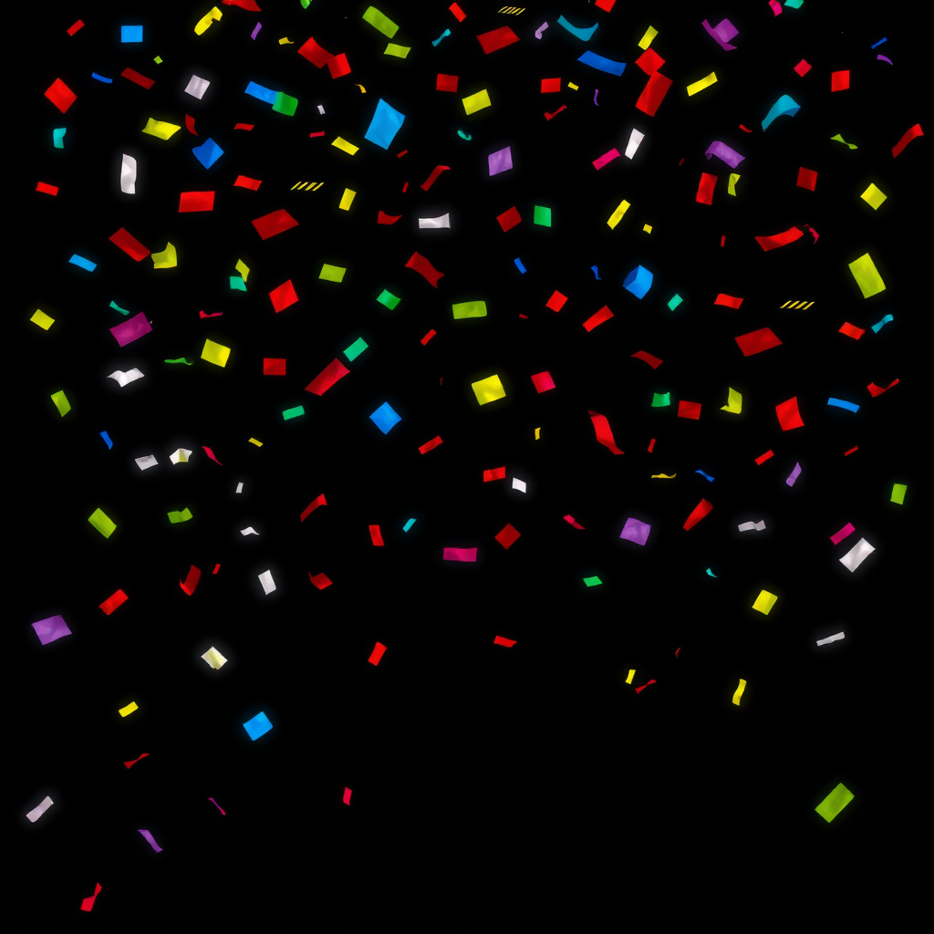 A high-resolution, dynamic image depicting colorful confetti pieces falling through the air against a plain black or dark background. The confetti should be shown in various stages of descent, creating a sense of motion and liveliness. The confetti should include a variety of shapes, sizes, and bright colors such as red, blue, yellow, green, and purple. The overall composition should have a celebratory, festive feel suitable for use as a stock photo or graphic element.