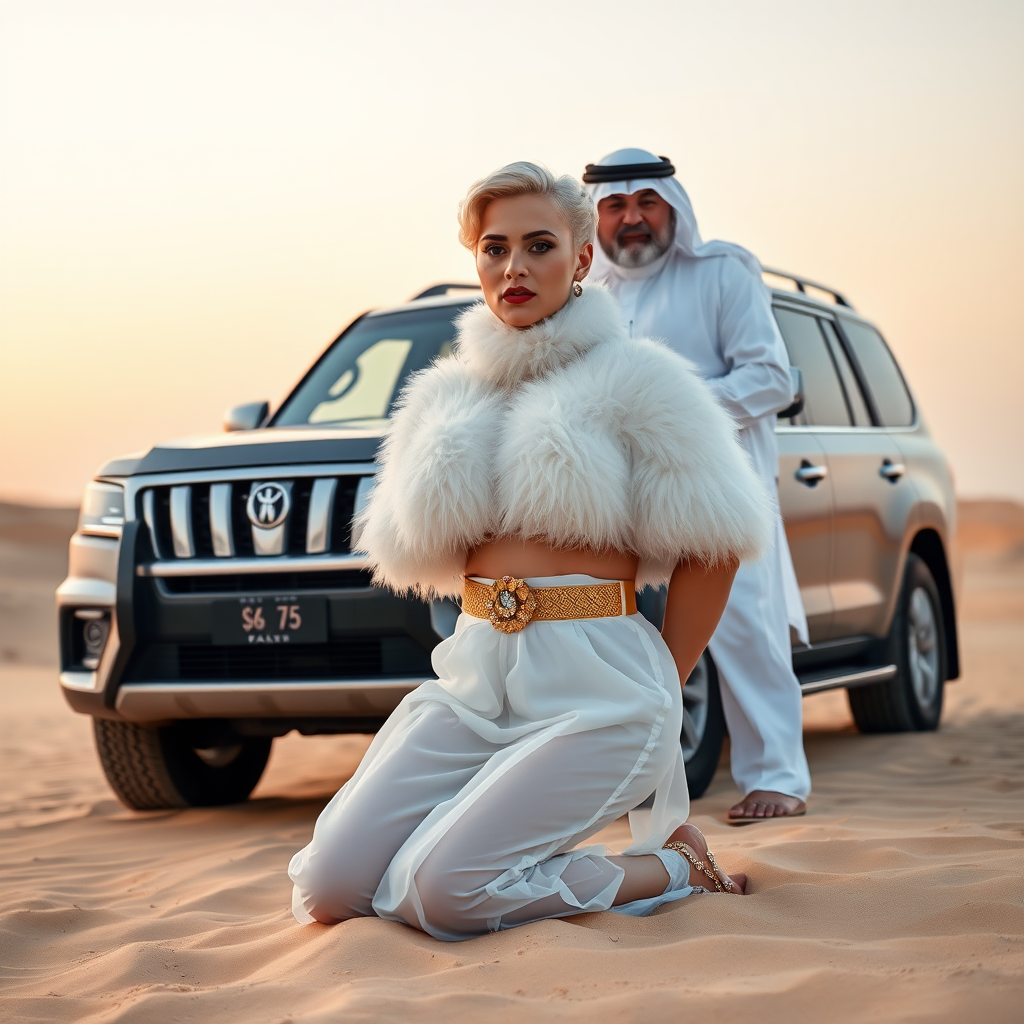 Kuwait desert dunes misty dawn, full size luxury SUV: Melissa, European 17 years old very convincing femboy “trophy-bimbo”, tamed servile docile, very beautiful feminine flawless face, rather short, by hormones very curvaceous womanly figured, platinum blond short tight curls, bold red lips, heavily made-up face, wearing Supertanya-style fluffy very fuzzy bright white angora turtleneck-poncho cropped ending under bust decorated with pearls and gemstones, striking oriental wide gold bridal protection belt, white fully transparent harem pants, full Oriental bridal jewelry including headpiece, nose-ring, coin anklets, striking diamond “$$$” letter brooch on left chest, pout frustrated, hands tied behind back, kneeling in sand in front of SUV, looking at camera. Focus on face and turtleneck-poncho. Standing behind Melissa: older overweight tall proud sheik, approvingly padding Melissa.