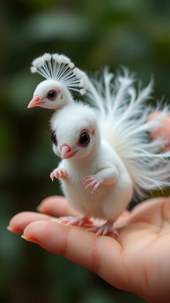 A small tiny cute chubby big eyes big perfect tail real white dancing peacock with tail on hand