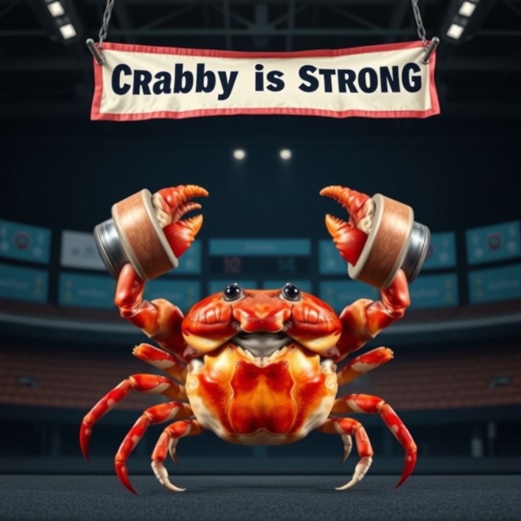 A photo realistic crab lifting weights over his head with his claws in a sport arena with a banner overhead that says "Crabby is Strong"