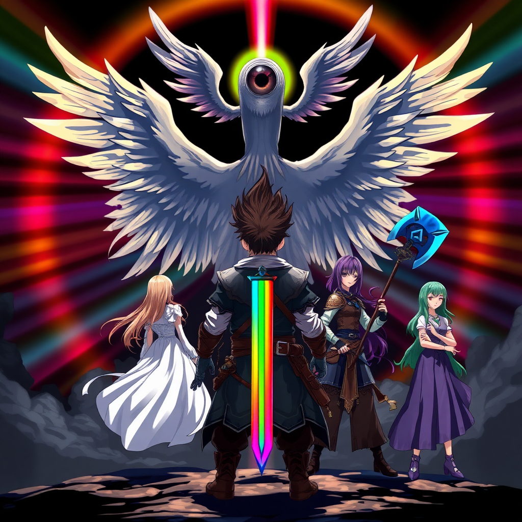 (Anime-styled art) Set against a dark black backdrop, a radiant, rainbow-like barrier shimmers with vibrant hues, illuminating the scene. At the center, a massive entity looms—an unsettling yet angelic figure with a single, malevolent eyeball. Its four wings are spread wide, and its gaze is fixed downward. In the foreground, the badass backside view of a warrior with dark brown fohawk hair stands confidently, gripping a rainbow-colored sword. Alongside him, three others stand ready: a mage with long blonde hair in flowing white robes, a fierce purple-haired warrior wielding a massive blue axe, and a woman with striking green hair, completing the team as they face the menacing presence.