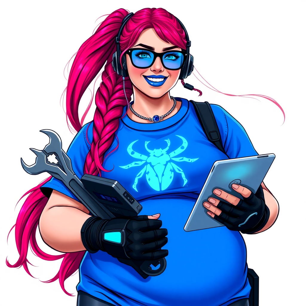 A full-sized, intelligent and tech-savvy 28-year-old computer hacker and tech genius. She has a long ruby red ponytail. She wears maximum blue lipstick, blue eyes, a sapphire beetle gemstone necklace, sapphire earrings, black eyeglasses, hi-tech power gloves, and a gigantic oversized maximum blue t-shirt featuring a neon blue glowing beetle chest icon. She has a full-figured physique with a round gargantuan midsection, reflecting her well-cared-for lifestyle. She sports a sapphire headset with a hi-tech maximum turquoise lensed HUD, and a beaming smile accentuated by a passionate neon red blush. She serves as his tech expert from his hideout, holding a futuristic tool wrench and a futuristic digital tablet. The background is solid white. She is drawn as if she was in a retro 2D cyberpunk fighting game.