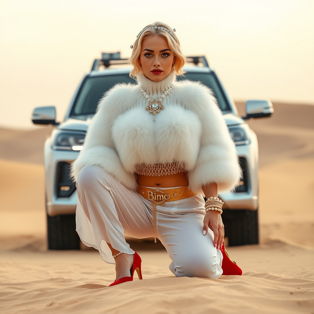 Kuwait desert dunes misty dawn, full size luxury SUV: Melissa, European 17 years old very convincing femboy “trophy-bimbo”, tamed servile docile, very beautiful feminine flawless face, rather short, by hormones very curvaceous womanly figured, platinum blond short tight curls, bold red lips, long white French nails, heavily made-up face, wearing Supertanya-style fluffy very fuzzy bright white angora turtleneck-poncho cropped ending under bust decorated with pearls and glass stones, striking oriental wide gold bridal protection belt, white fully transparent harem pants, bright red pumps with golden very high heels, full Oriental bridal jewelry including headpiece, nose-ring, coin wristlets, coin anklets, striking diamond “Bimbo” letter brooch on left chest, thick heavy pearl wristlets, pearl anklets, pout frustrated, kneeling in sand in front of SUV, looking at camera. Focus on face and turtleneck-poncho.