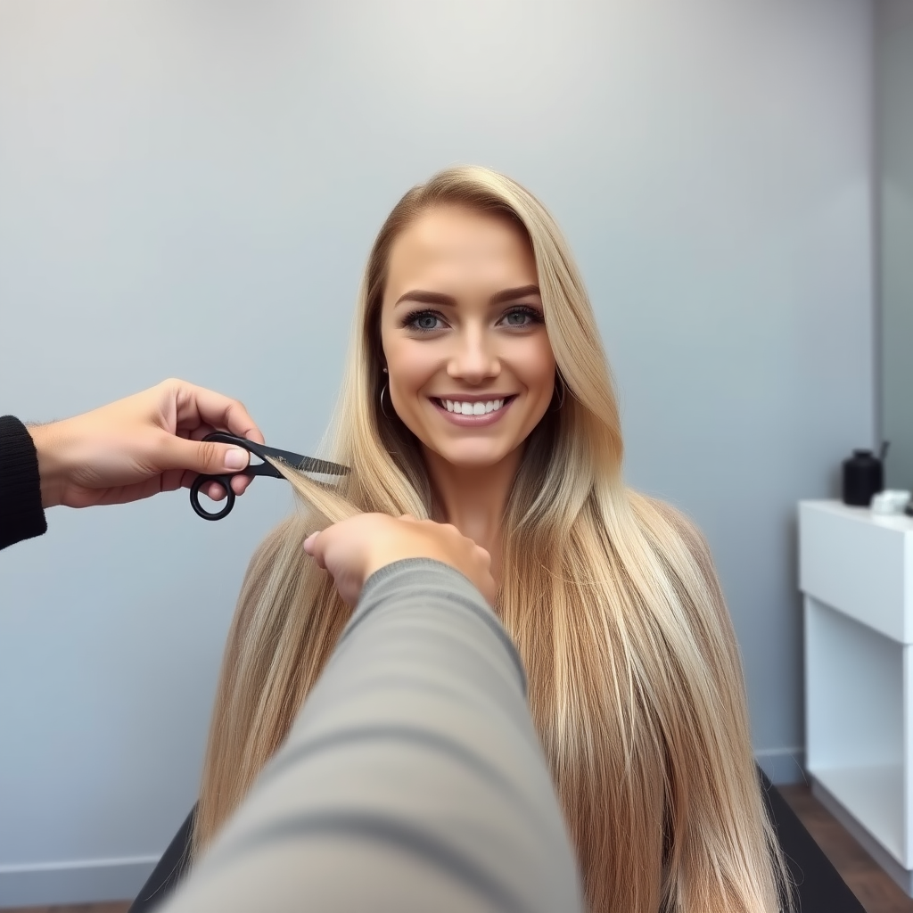 POV, beautiful very long haired blonde woman sitting in a hair salon smiling at the camera while I reach out from behind the camera to trim her very long hair. Plain gray background.