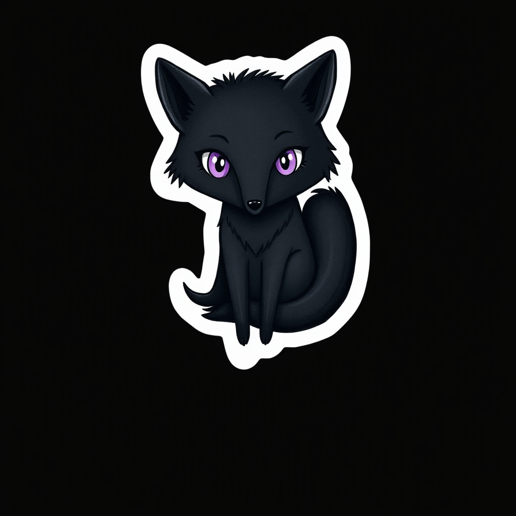 A sticker of a hand drawn black fox with purple eyes and tail tip. Simple black background