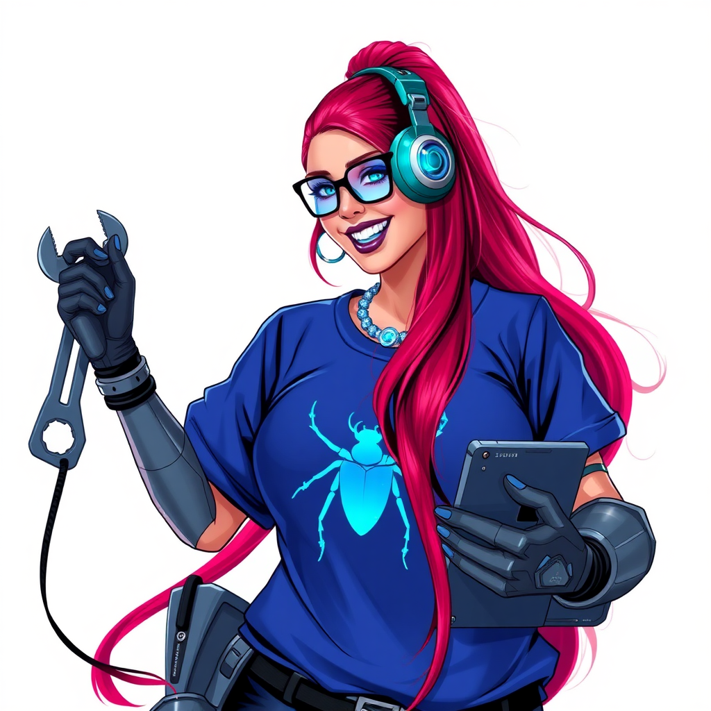 A cyberpunk vigilante’s intelligent and tech-savvy 29-year-old girlfriend, who is a computer hacker and tech genius. She has a long ruby red ponytail. She wears maximum blue lipstick, blue eyes, a sapphire beetle gemstone necklace, sapphire earrings, black eyeglasses, hi-tech metal arm armor, and an oversized maximum blue t-shirt featuring a neon blue glowing beetle chest icon. She has a full-figured, well-rounded physique with a gargantuan midsection, reflecting her well-cared-for lifestyle. She sports a sapphire headset with a hi-tech maximum turquoise lensed HUD, and a beaming smile accentuated by a passionate neon red blush. She serves as his tech expert from his hideout, holds a futuristic tool wrench and a futuristic digital tablet. The background is solid white. She is drawn as if she was in a retro 2D cyberpunk fighting game.