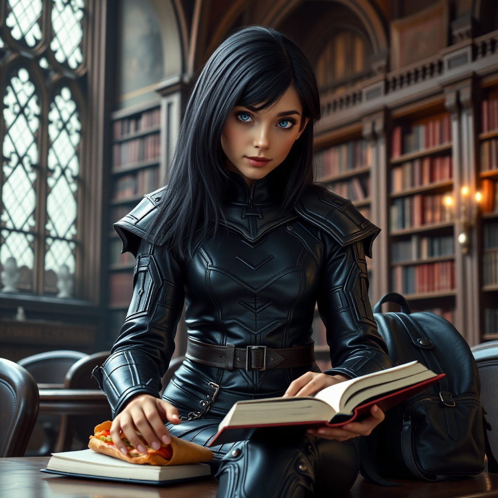 beautiful young woman, dark hair past her shoulders, blue eyes, small, slim figure, wearing full leather armor suit, sitting, reading book, on the table, a sandwich and backpack, in a grand old library.