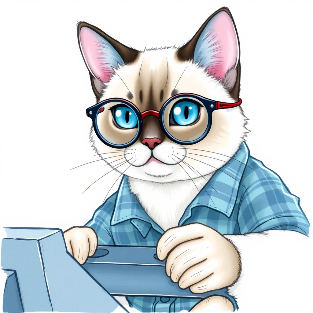 A Siamese cat playing a video game with semi-round glasses and a plaid shirt in a drawing style.