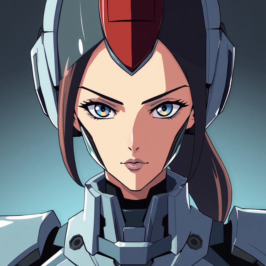 An anime portrait of an anime robot woman with an authoritative and confident gaze.