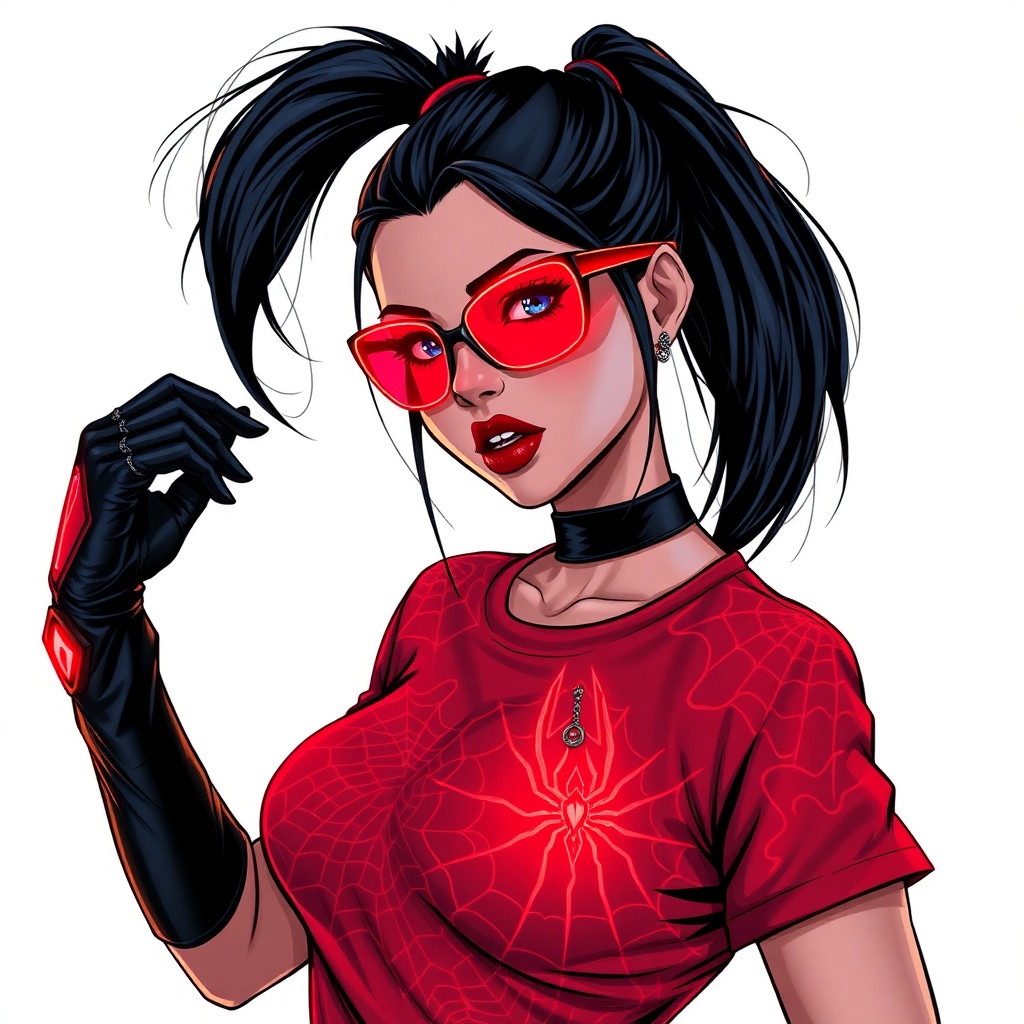 A hot 26-year-old mystical corporate hero hunter with a black ponytail, maximum red lipstick, striking blue eyes, dressed in a maximum red t-shirt adorned with intricate neon red glowing web patterns, equipped with black biker gloves, and wearing glowing neon red-lensed shades and a mystical red gemstone amulet featuring an intricate web design that grants her the cunning and trickery of Anansi. She poses flirtatiously against a solid white background, exuding an aura of mystical power and intelligence. She is drawn as if she was in a retro 2D cyberpunk fighting game. She glows neon red showing her mystical powers.