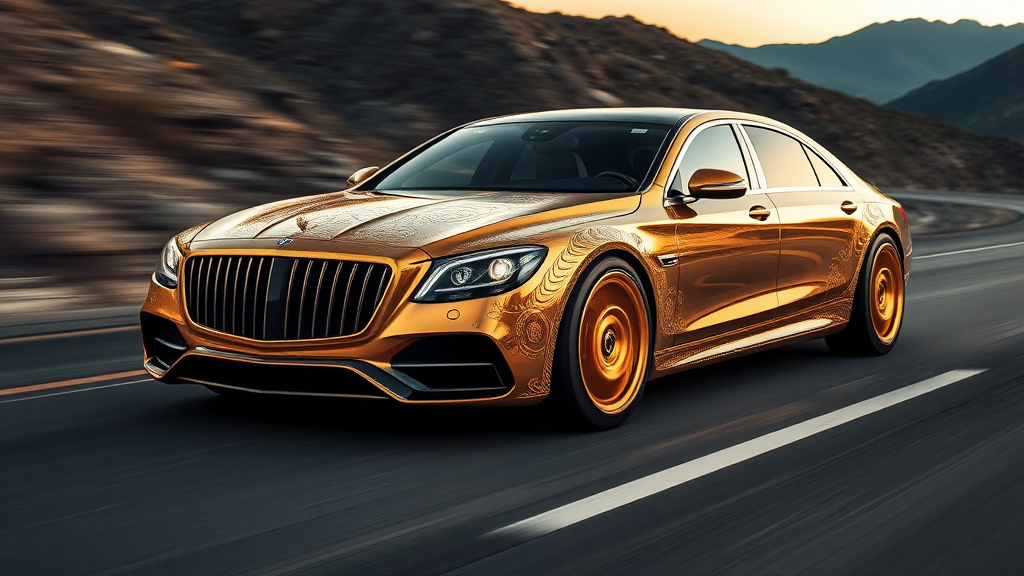 futuristic maybach sedan, A luxurious, gold-plated car adorned with intricate, ornate designs and carvings. The vehicle features prominent headlights and a distinctive front grille, showcasing a fusion of elegance and extravagance. Set against a backdrop of mountains road motion blur