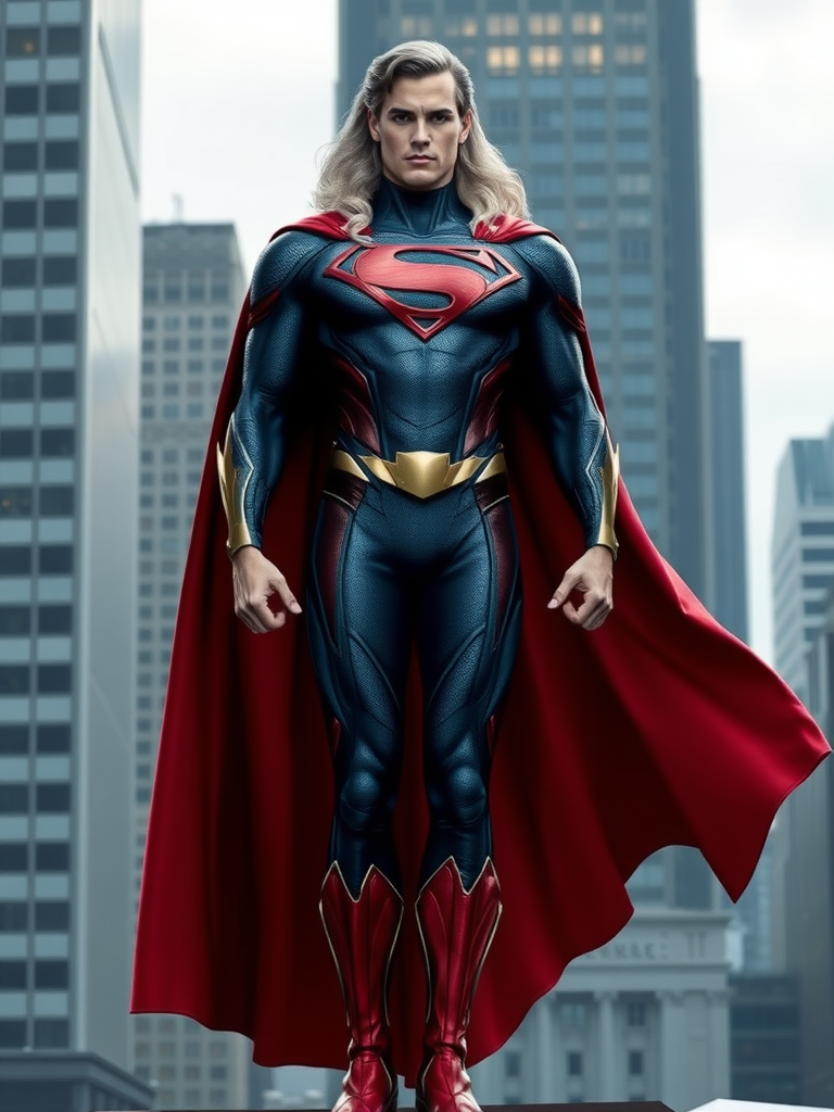 Generate a full-length image of Superman, but with the body attributes of Emma Frost from the X-Men. The character should largely maintain the iconic costume of Superman, but creatively incorporate embellishments and elements from Emma Frost’s characteristic attire that complement his look. Place this hybrid character in a background setting that is fitting for both Superman's Metropolis and Emma Frost's typical environments.