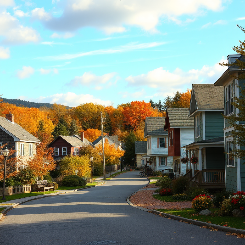 Depict an HD wide format image showing a bucolic New England town heading into fall and all of the highlights that come with the fall season.