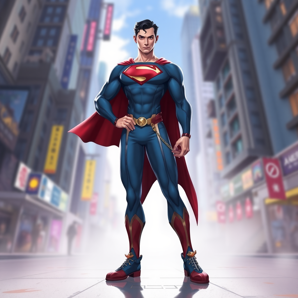 Create a full-length image of a character combining features of Superman and Mei-Ling from Overwatch. The character should have Superman's heroic pose and features, but with the body traits of Mei-Ling, focusing on a curvier torso shape. Retain Superman's core costume while incorporating embellishments and elements inspired by Mei-Ling, such as color accents or cultural motifs. The background should blend elements suitable for both characters, showcasing a vibrant cityscape with hints of Overwatch's stylized design. Aim for a dynamic and engaging composition that highlights both character influences.