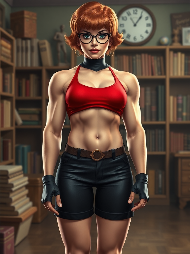 Create a full-length photorealistic image of a composite character featuring Velma Dinkley, utilizing the inverted triangle body type typical of a male bodybuilder. Maintain Velma's original head, hairstyle, and facial features. Preserve and adjust her classic costume to fit her new body structure. Design a background that draws inspiration from Velma's character, incorporating elements like bookshelves, magnifying glasses, or other mystery-solving motifs to enhance the scene's context.