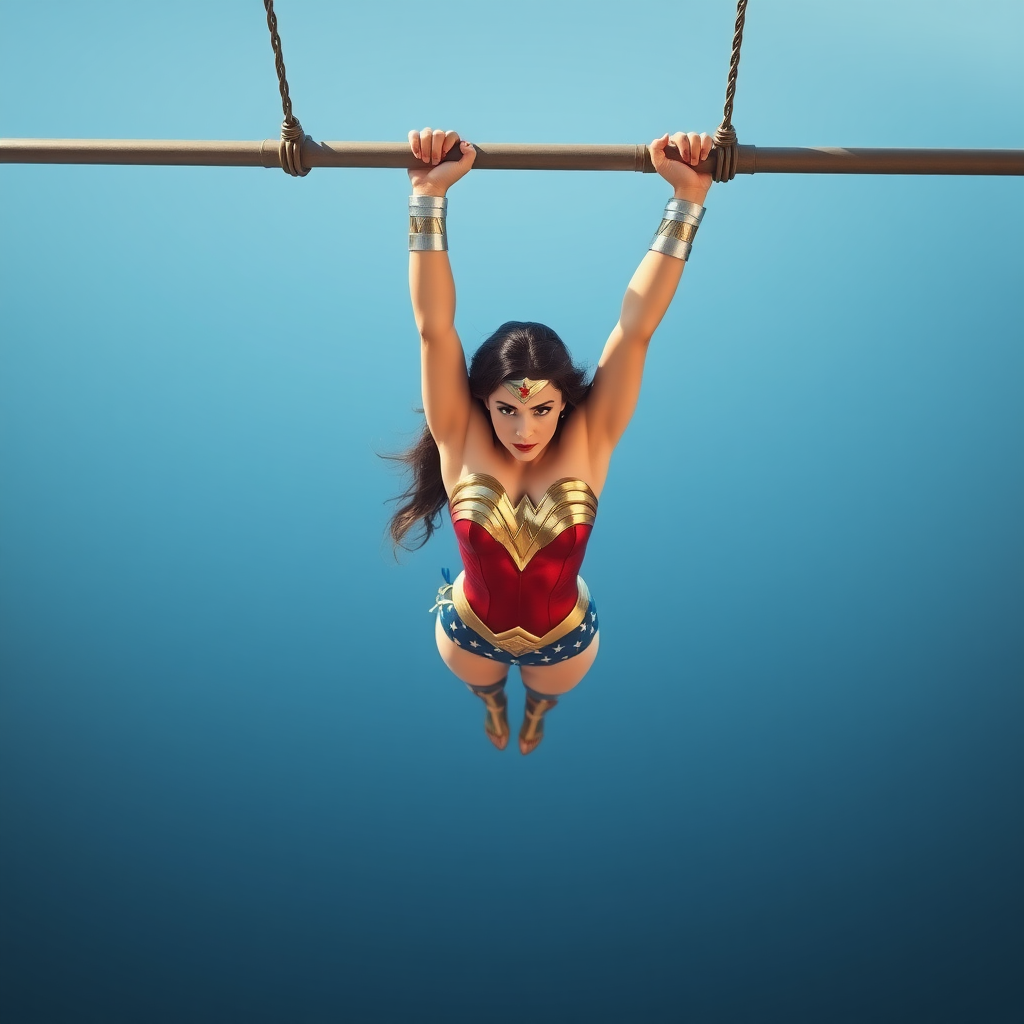 Create an image of Wonder Woman. She is hanging with both hands on a horizontal bar, with her arms extended over her head. The bar is suspended high above the ocean, and she is facing the viewer. The background consists of a vast expanse of sea, with nothing else visible on the horizon. HD DSLR Photo