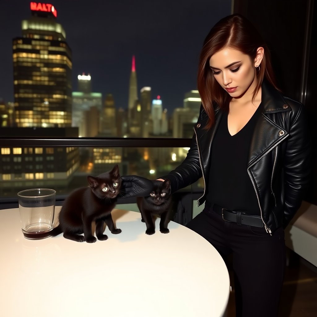 A beautiful tough thief girl in black leather jacket over black t-shirt with black tight jeans and gloves stroking a black kitten sitting a table in a Manhattan penthouse at night.