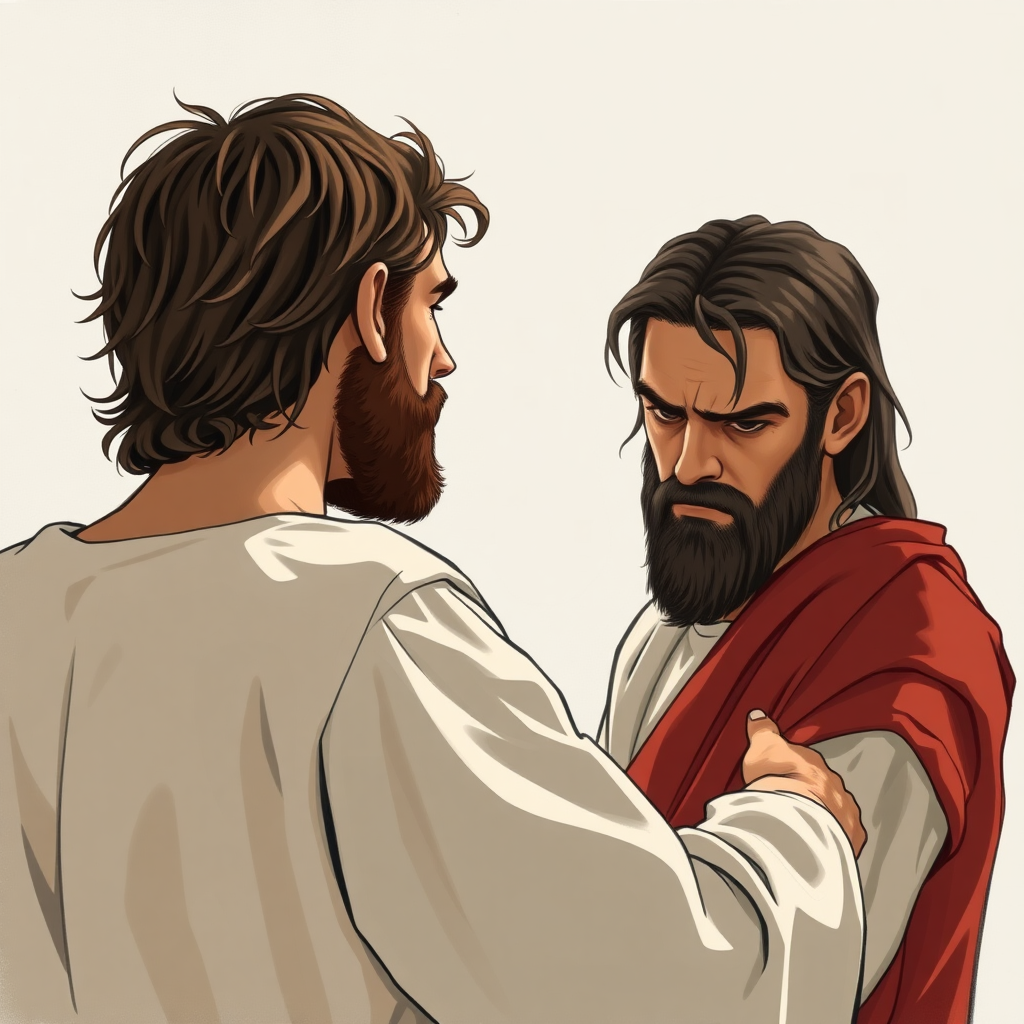 A young man turns his back on Jesus with anger and leaves Jesus alone; Jesus' face is downcast.