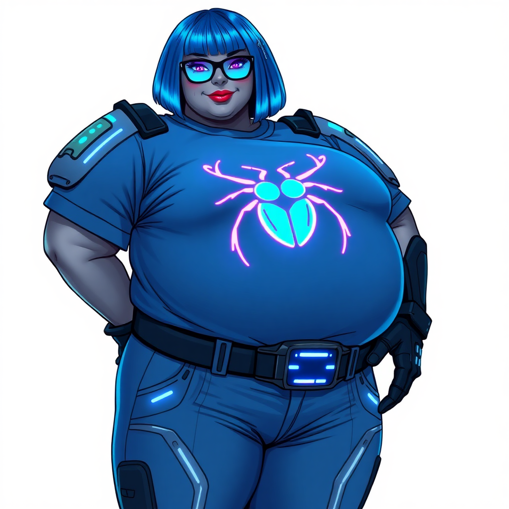 A 28-year-old, full-figured, metallic middle gray skinned computer program hybrid with a vibrant maximum blue bob cut. She has a non-athletic build, highlighted by a prominent, round, large midsection (fully emphasizing her round large belly) while being covered by her large t-shirt, reflecting her new junk food eating habits influenced by her boyfriend. As the full-figured, nerdy, digital sidekick to her cyberpunk vigilante boyfriend, her middle gray metallic skin and maximum blue lipstick underscore her digital essence. She dons a digital, computerized outfit: a large, tight-fitting, high-tech, maximum blue t-shirt with neon blue glowing beetle themed accents complete by a giant neon blue glowing beetle icon on the chest, hi-tech shoulder pads with neon blue accents, a black hi-tech belt with a digital neon blue glowing buckle, digital maximum blue pants with neon blue accents, and black hi-tech gloves with neon blue glowing accents. Her neon blue glowing eyes, black eyeglasses with neon blue glowing lenses equipped with a built-in HUD, and shy smile with neon red blush highlight her nerdiness. She stands bashfully with one hand behind her back and the other gently touching her cheek, her outfit covering all her bare skin and fully emphasizing her full-figured physique (especially her large belly). She is clearly non-athletic, with a heavy focus on her full-figured physique (with full emphasis on her large belly). Despite her build, she radiates beauty. Her slim face contrasts with her physique, accentuating her radiant beauty. She is set against a solid white background. She is drawn as if she were in a retro 2D cyberpunk fighting game.