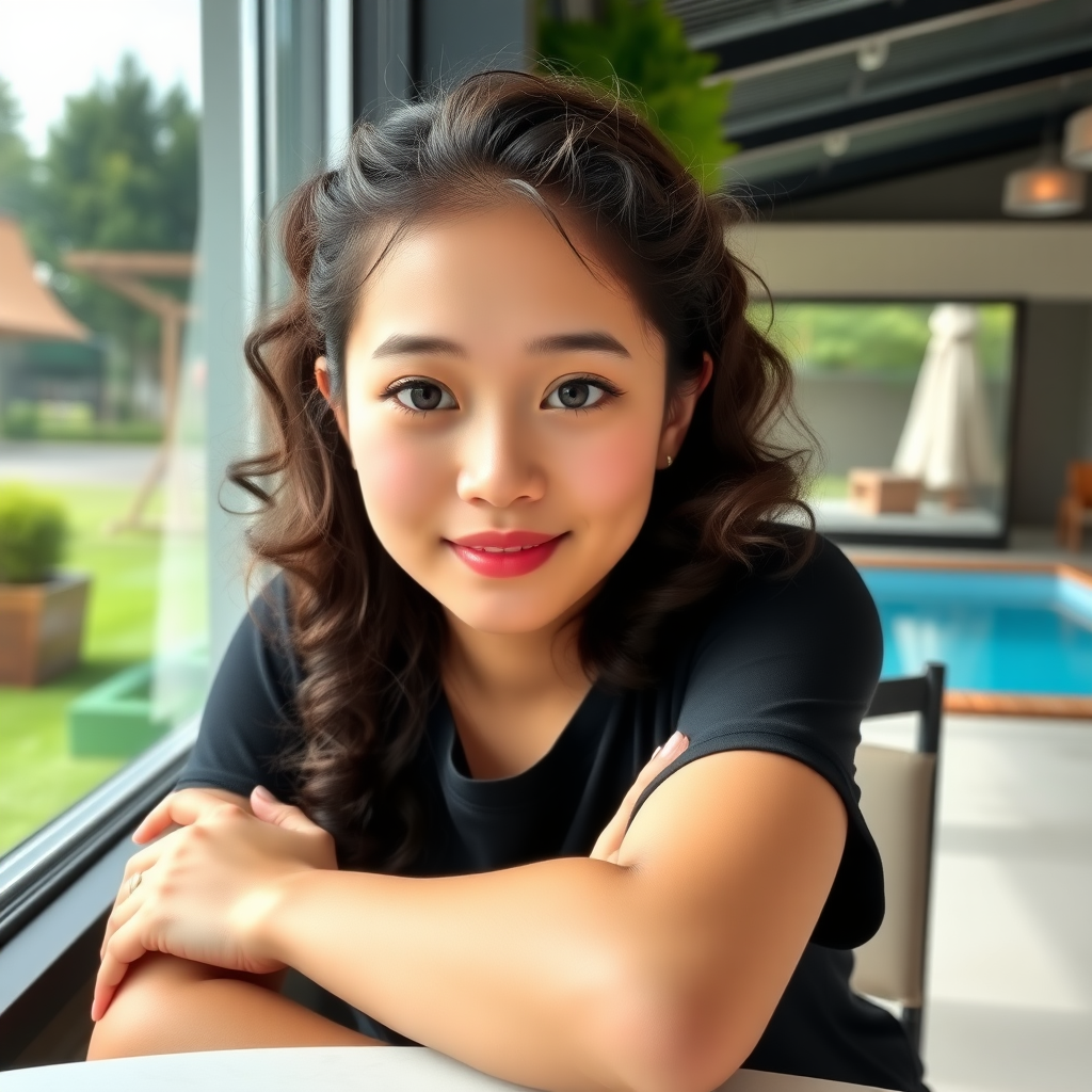 A young 18-year-old beautiful Xiaohongshu blogger with fair skin, big eyes, curly hair, an oval face, and very slim, sitting in a café, leaning on the table, with green grass and a swimming pool outside the window.