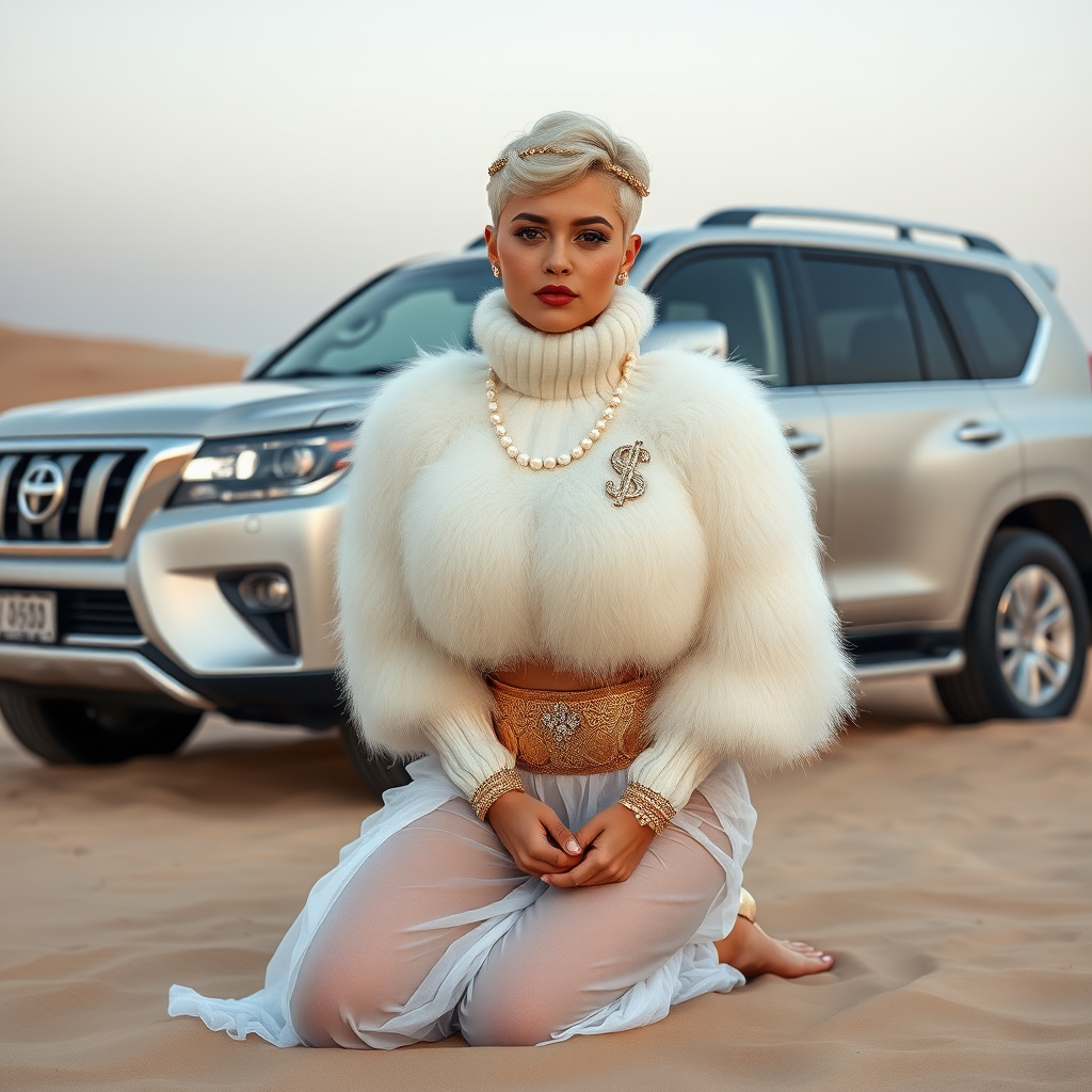 Kuwait desert dunes misty dawn, full size luxury SUV: Melissa, European 17 years old very convincing femboy “trophy-bimbo”, tamed servile docile, very beautiful feminine flawless face, rather short, by hormones very curvaceous womanly figured, platinum blond short tight curls, bold red lips, heavily made-up face, wearing Supertanya-style fluffy very fuzzy bright white angora turtleneck-poncho cropped ending under bust decorated with pearls and gemstones, striking oriental wide gold bridal protection belt, white fully transparent harem pants, full Oriental bridal jewelry including headpiece, nose-ring, coin anklets, striking diamond “$$$” letter brooch on left chest, pout frustrated, hands tied behind back, kneeling in sand in front of SUV, looking at camera. Focus on face and turtleneck-poncho.