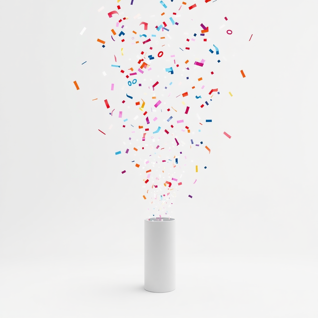 big confetti shooting from a small tube into the air, white background, realistic, beautiful