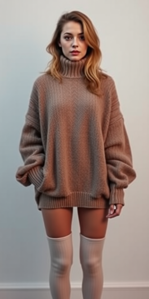 A fullbody photo of a petite white 18 year old woman wearing a baggy oversized turtleneck sweater and thigh high socks