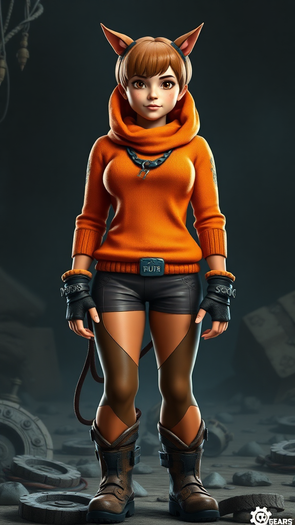 A full-length image of Velma Dinkley's character and personality embodied within the muscular physique and proportions of Marcus Fenix, maintaining Velma's distinct hairstyle, facial features, and iconic orange sweater, adjusting the costume to complement the new masculine form. The background should incorporate visual elements and aesthetics from both the Scooby-Doo and Gears of War franchises, creating a cohesive and visually striking composition.