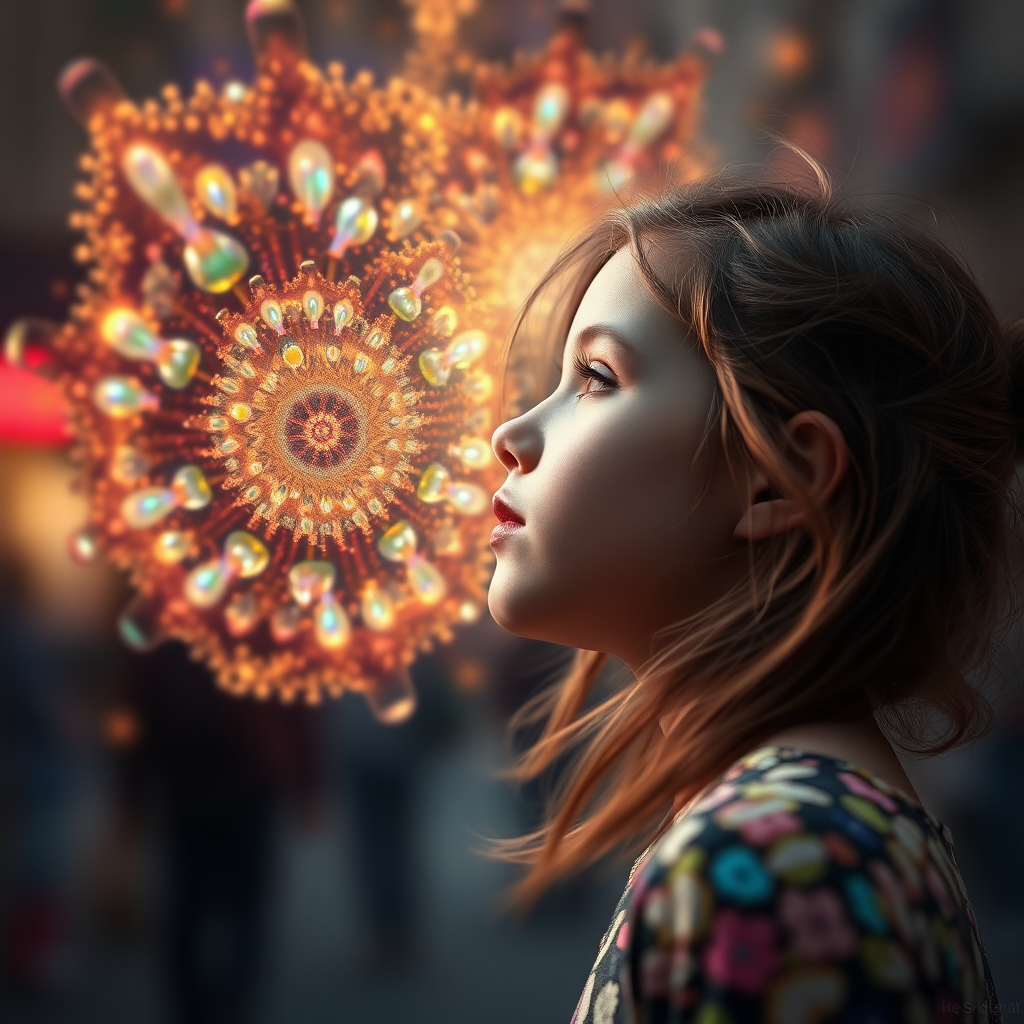 French preteen girl in dynamic pose, in profile, abstract, mandelbulb fractal, dynamic composition, street photography, fractal, brilliant colors, glittering, translucent, opal, gold, sharp focus, floral, mother of pearl, iridescent, natural, glowing, Bokeh