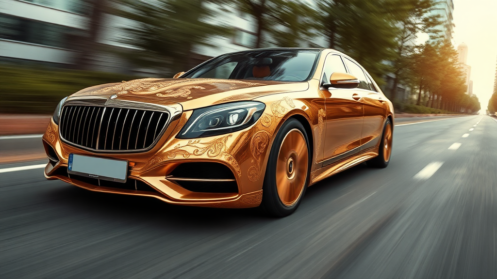 futuristic maybach sedan, A luxurious, gold-plated car adorned with intricate, ornate designs and carvings. The vehicle features prominent headlights and a distinctive front grille, showcasing a fusion of elegance and extravagance. road motion blur