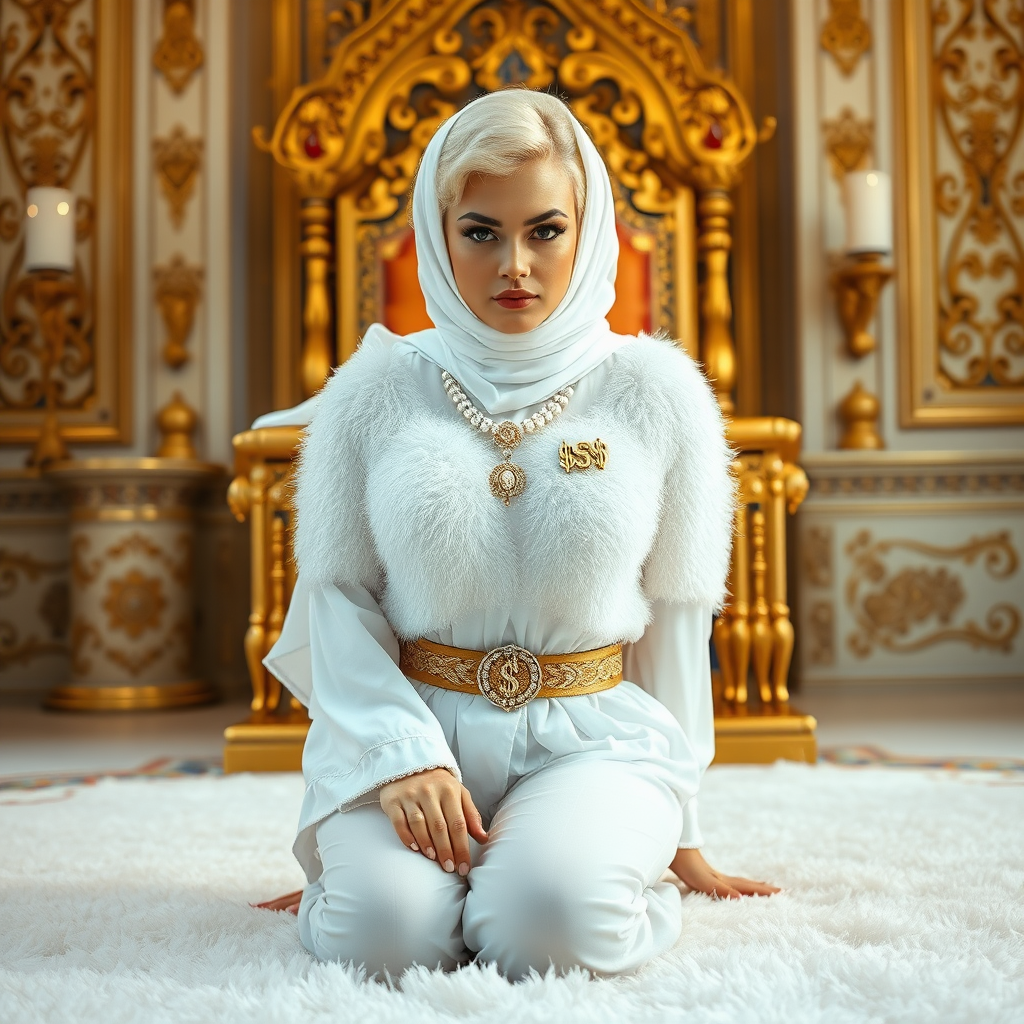 Kuwait desert palace throne room, old overweight mighty sheik sitting on throne. In front of throne, kneeling on white fluffy carpet: Melissa, European 17 years old very convincing femboy “trophy-bimbo”, tamed servile docile, rather short, by hormones very curvaceous womanly figured, platinum blond short tight curls, heavily made-up eyes, wearing Supertanya-style fluffy very fuzzy bright white angora turtleneck-poncho cropped ending under bust decorated with pearls and gemstones, striking oriental wide gold bridal protection belt, white fully transparent harem pants, full Oriental bridal jewelry, face covered by white sheer full Burka, coin anklets, striking diamond “$$$” letter brooch on left chest, pout frustrated, hands tied behind back, looking at camera. Focus on face and turtleneck-poncho.