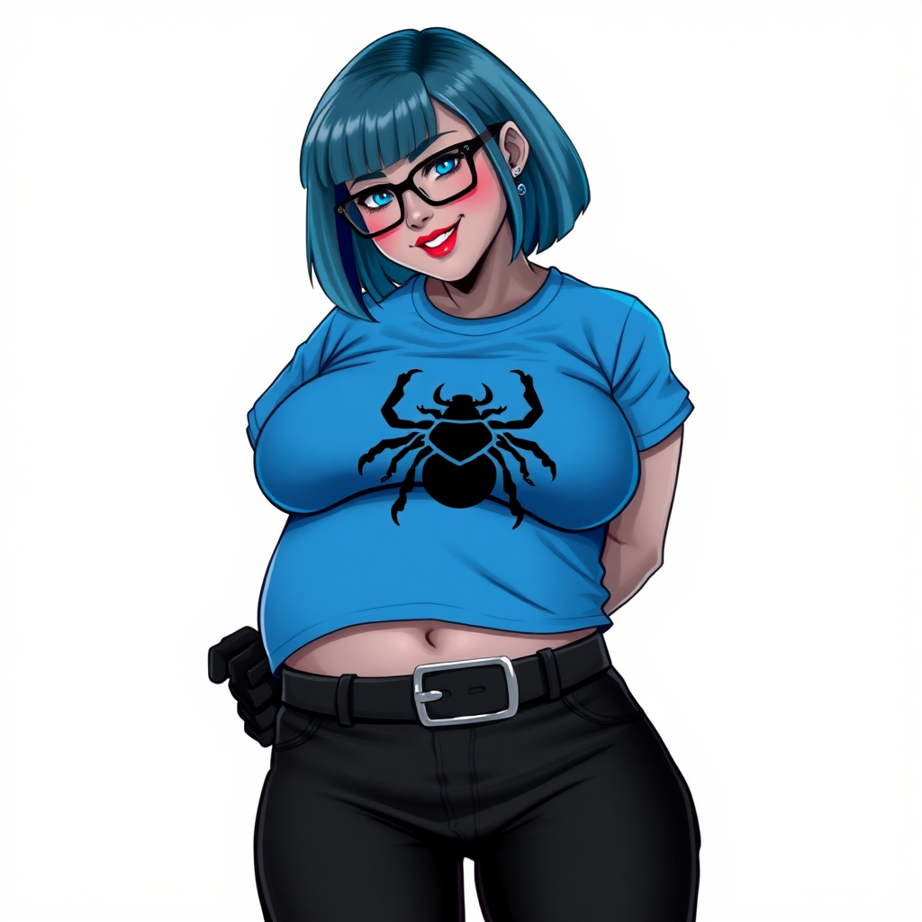 A 28-year-old, full-figured, metallic middle gray skinned computer program hybrid with a short maximum blue bob cut. She has a non-athletic build, highlighted by a prominent, round midsection (with a focus on her round belly). As a digital sidekick to her cyberpunk vigilante boyfriend, her middle gray metallic skin and maximum blue lipstick emphasize her digital nature. She wears a large, tight-fitting, maximum blue t-shirt (accentuating her belly) with a black chest icon of a beetle on its chest, black pants, a black belt with a sapphire scarab buckle, and black gloves. Her bright blue eyes, black eyeglasses, and shy smile with neon red blush accentuate her nerdiness. She bashfully bows her head with her hands behind her back, her t-shirt covers her midsection (especially her belly) and emphasizing her full-figured, non-athletic physique. She is on a solid white background. She is drawn as if she was in a retro 2D cyberpunk fighting game. She is clearly non-athletic, with a focus on her full figure. Make sure her t-shirt covers all of her bare skin (especially her belly).