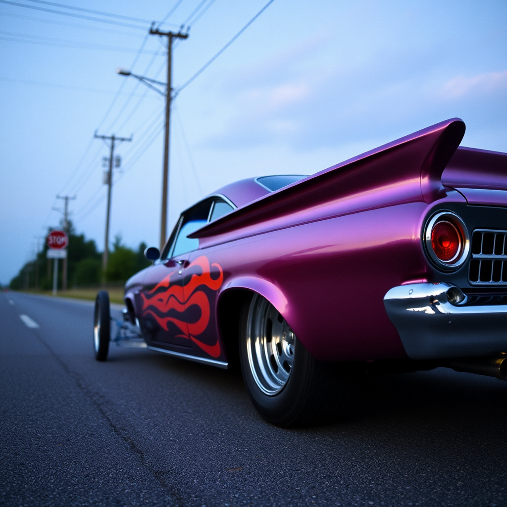 the drag car is parked on the side of the road, inspired by Taiyō Matsumoto, tumblr, restomod, nd4, c4 metallic shine classic american low rider custom paint ford